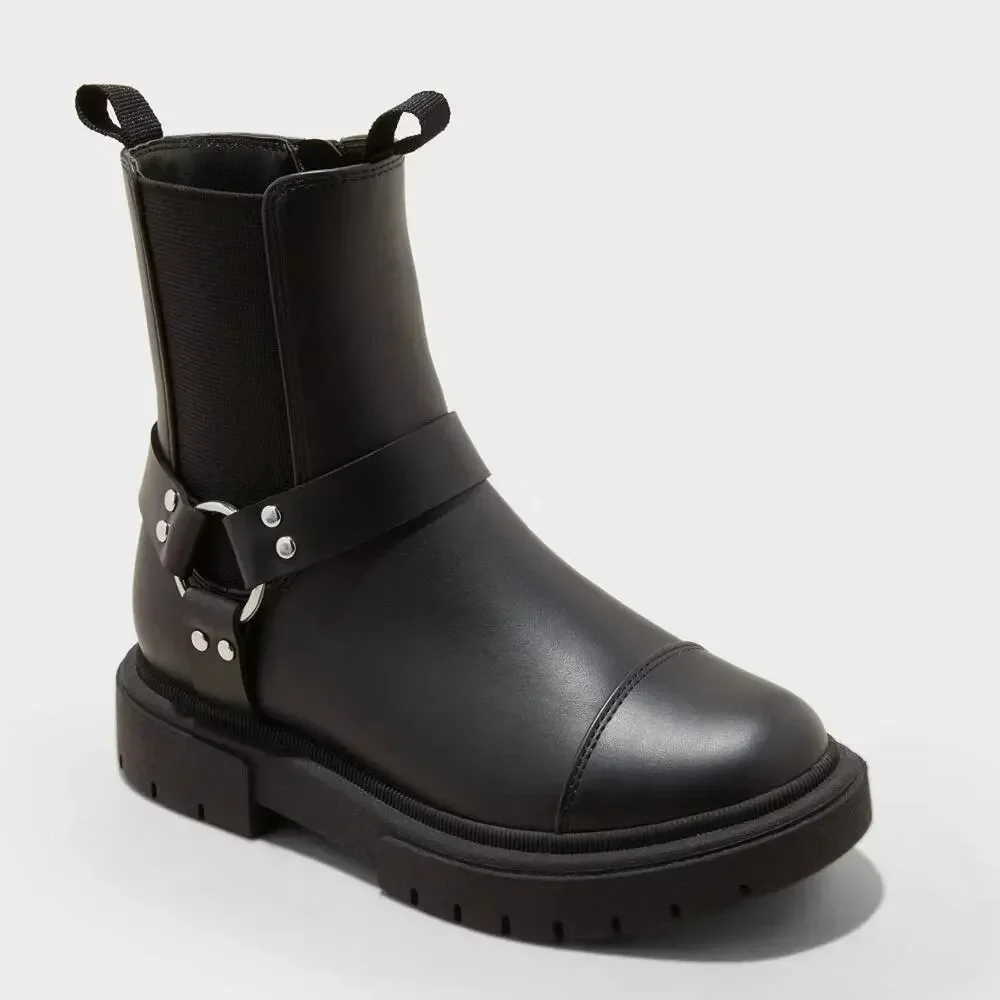 Art Class Kids' Crosby Harness Moto Boots Size 1 Black Medium Width Pull Loops